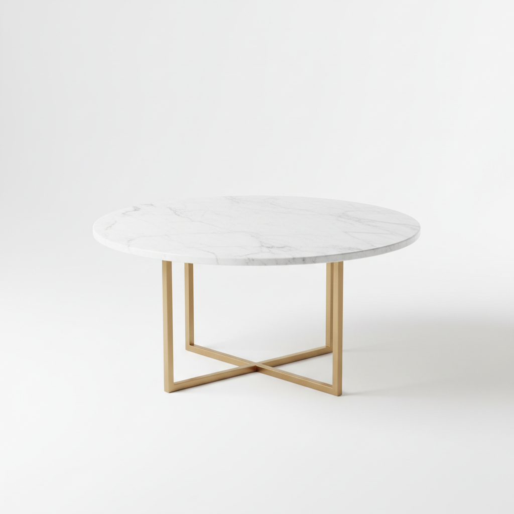 White marble round coffee table with gold geometric legs - luxury furniture reference for AI interior design