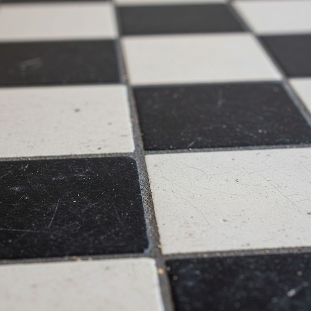 Tile sample: large black and white square tiles in a checkerboard, with a speckled matte surface