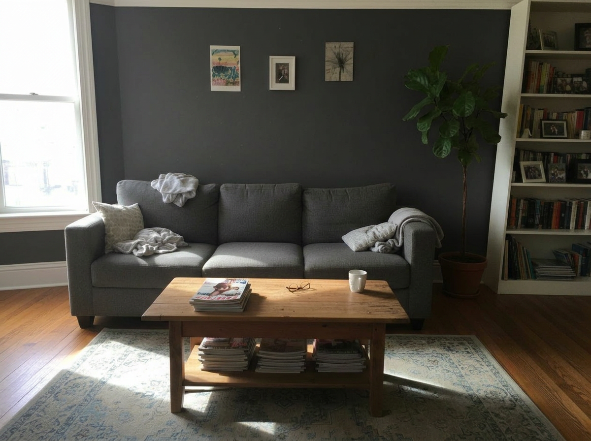 Charcoal walls - Salon - Résultat de transformation IA : Couleurs de Mur pour Salon — 9 Teintes Prévisualisées