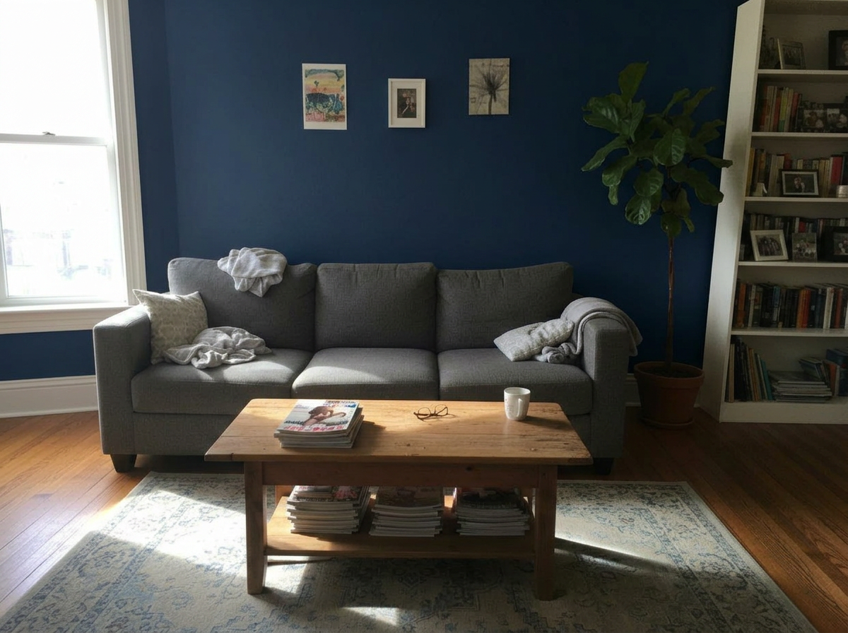 Navy walls - Salon - Résultat de transformation IA : Couleurs de Mur pour Salon — 9 Teintes Prévisualisées